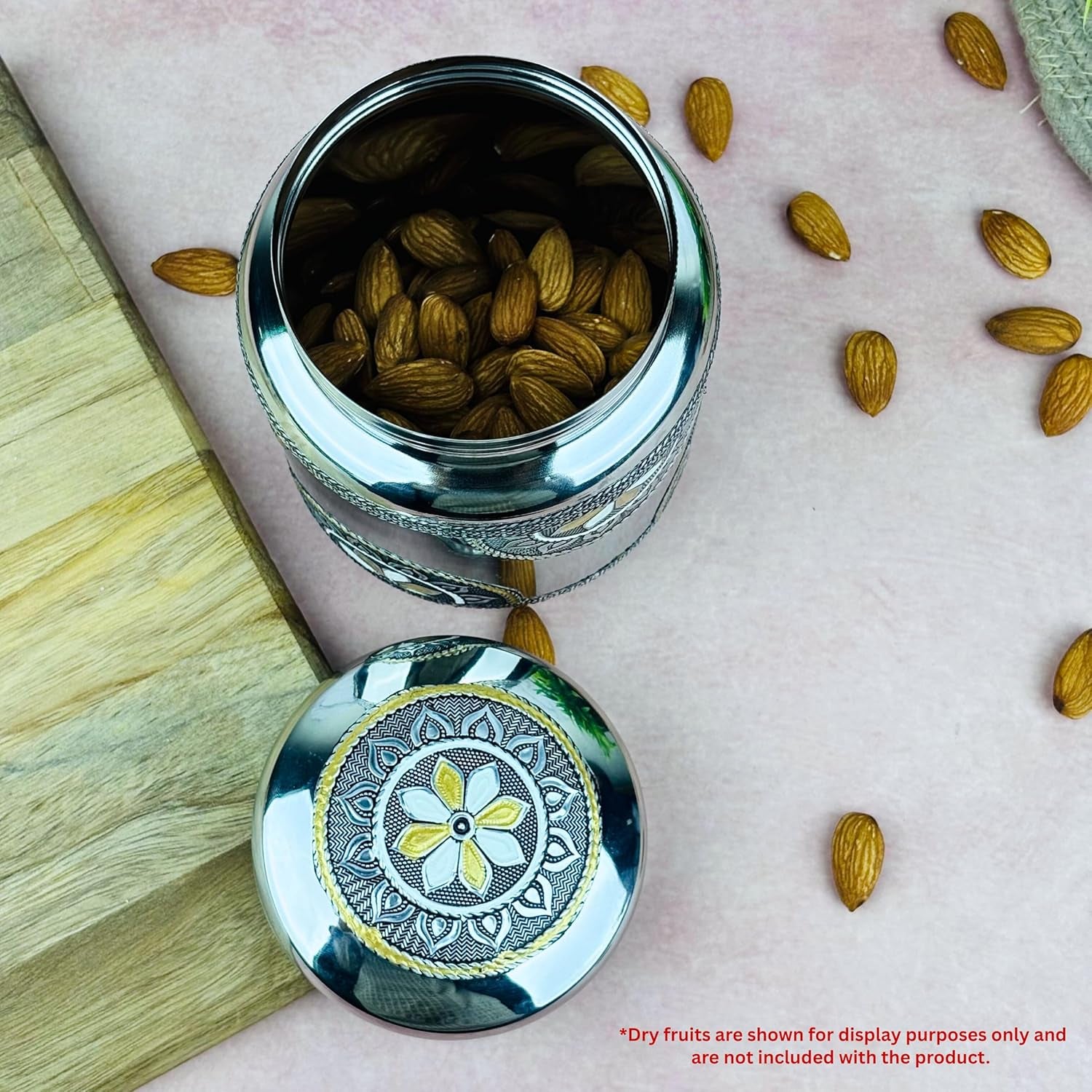 Stainless Steel Storage Jar with Lid | Oxidized Meenakari Design Container | Multipurpose Kitchen Jar for Snacks, Dry Fruits, Mukhwas & Spices | Decorative Traditional Steel Storage (1000 Ml)