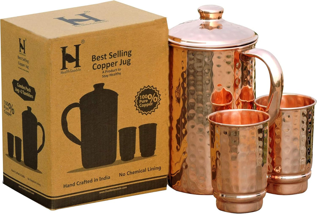 Copper Pitcher with 2 Copper Cups Set | Pure Copper Water Jug & Matching Tumblers Set for Home & Wellness, Hammered Finish Handcrafted for Daily Hydration & Natural Living