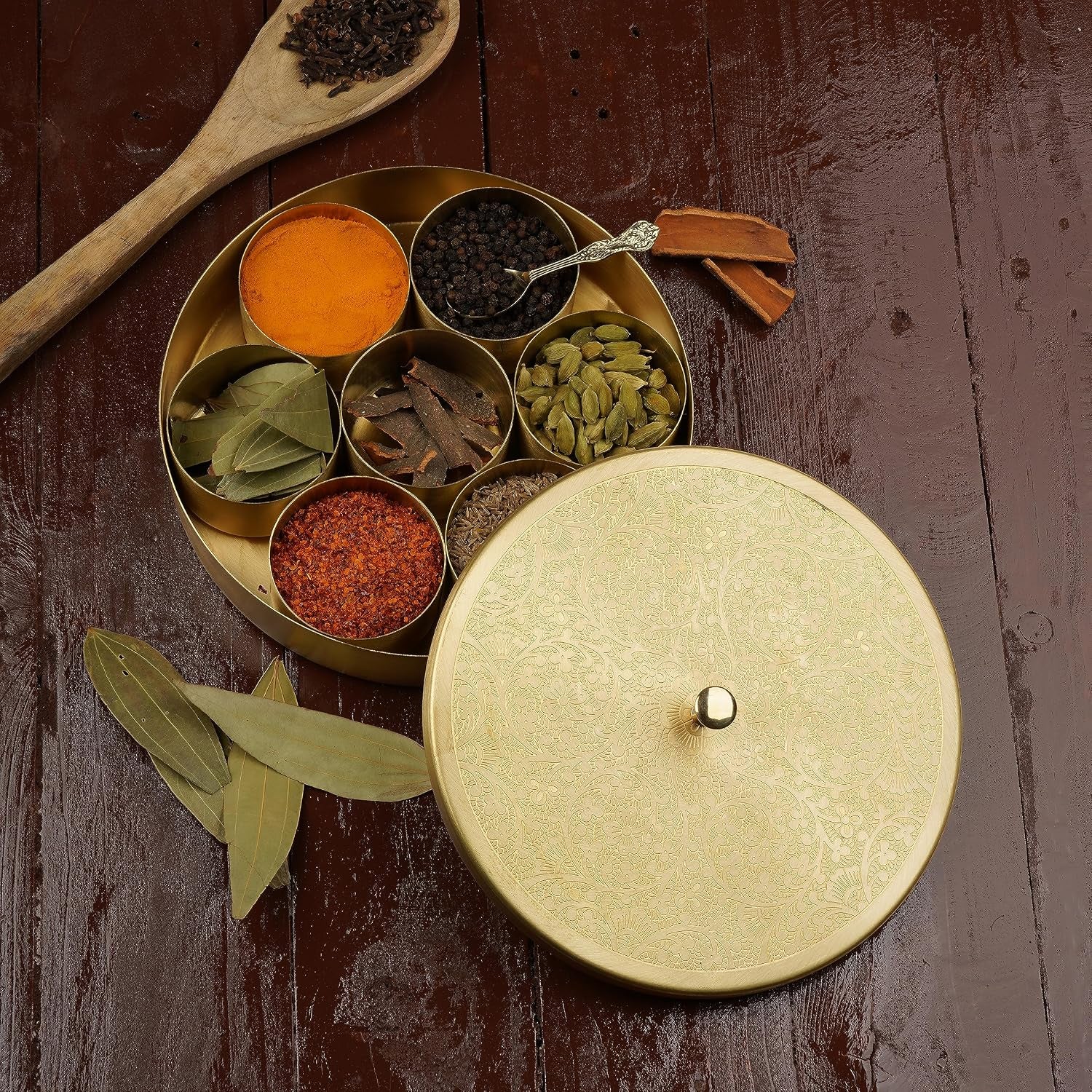 Brass Spice Box round Masala Dabba Set with Golden Embossed Lid, 7 Removable Compartments, Spice Jar Containers & Spoon, Handcrafted Decorative Indian Kitchen Storage Organizer Gift