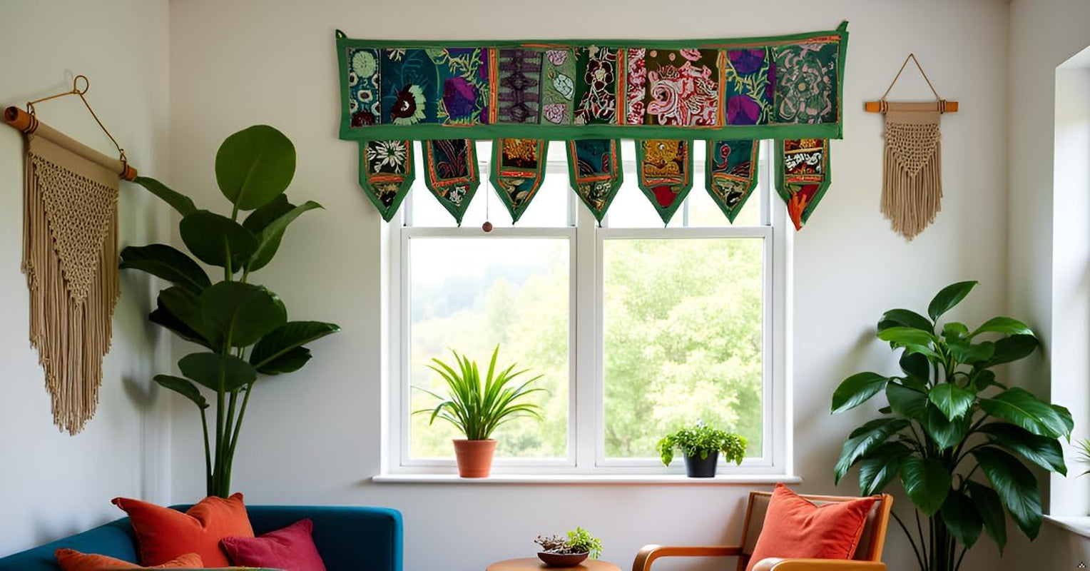ICC Valances for Windows Toran Cotton Vintage Patchwork Door Hanging Valance Window Hand Embroidered Bohemian Decor Living Room Wall Bedroom Home Handmade Decorations Dark Green 40 Inches