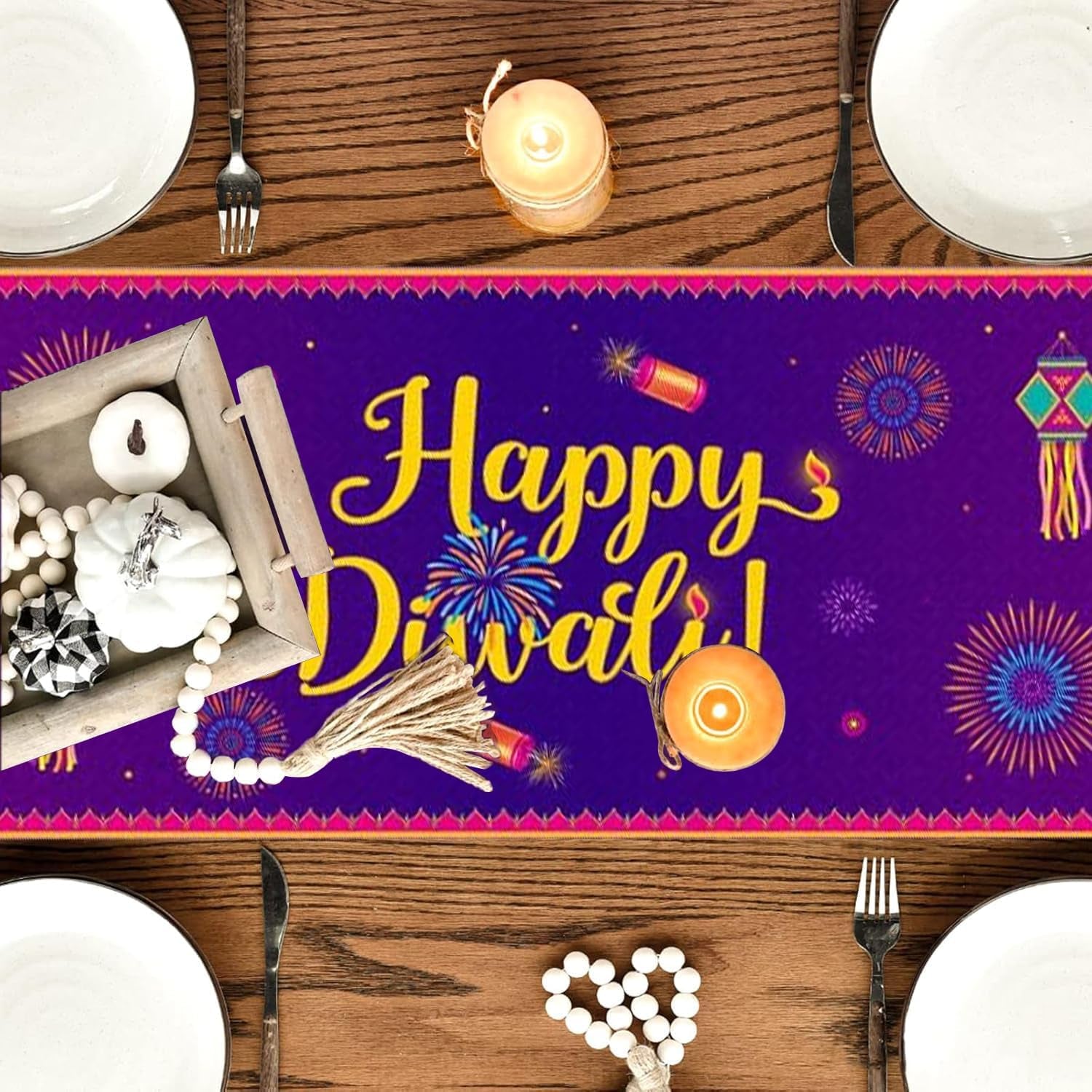 Diwali Table Runner - 13X72'' Happy Diwali Table Runner Kitchen Dining Table Decoration, Indian Deepawali Festival of Lights Party Decor Supplies Diwali Decorations for House Home