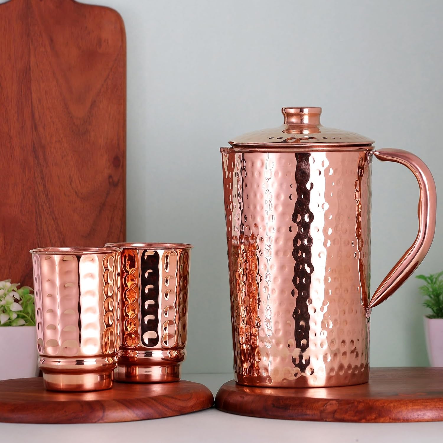 Copper Pitcher with 2 Copper Cups Set | Pure Copper Water Jug & Matching Tumblers Set for Home & Wellness, Hammered Finish Handcrafted for Daily Hydration & Natural Living