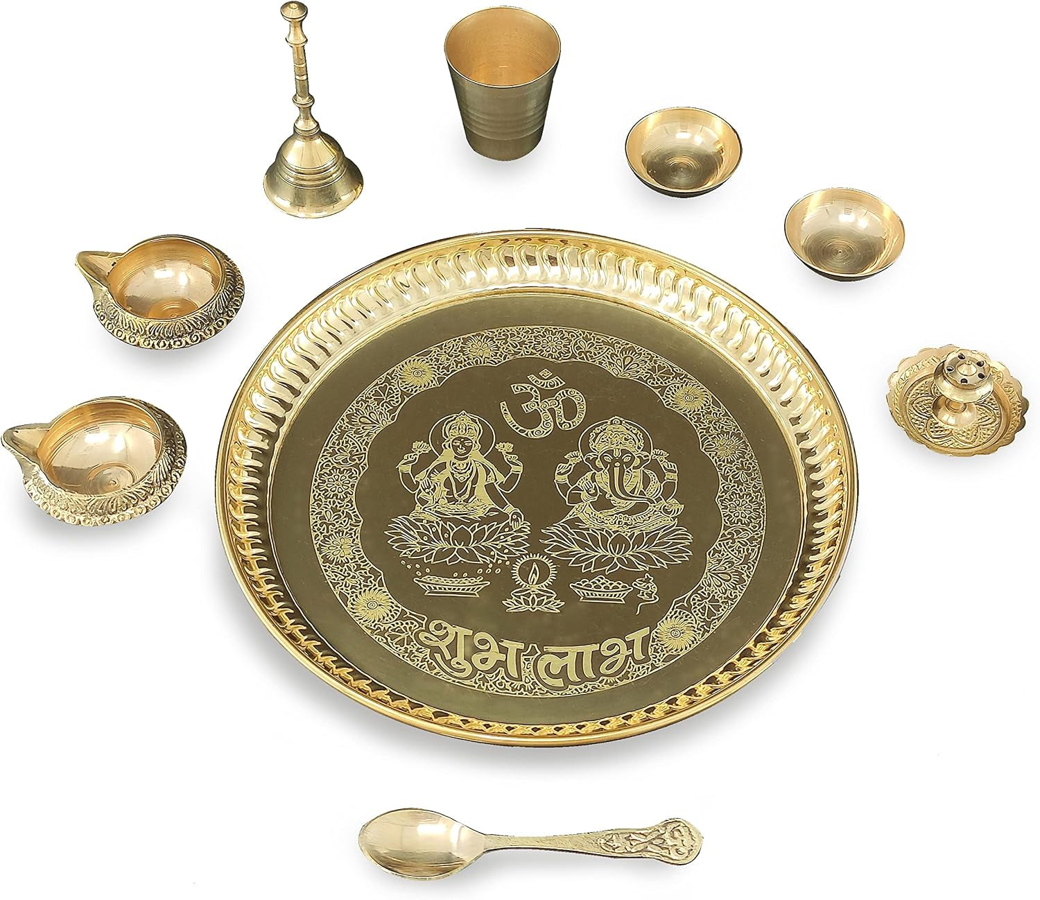 Brass Pooja Thali Set 8 Inch with Pital Plate, Kuber Diya, Ghanti, Glass, Spoon, Bowl, Design Dhup Dan Daily Puja Thali for Diwali Home Mandir Office Wedding Return Gift Items