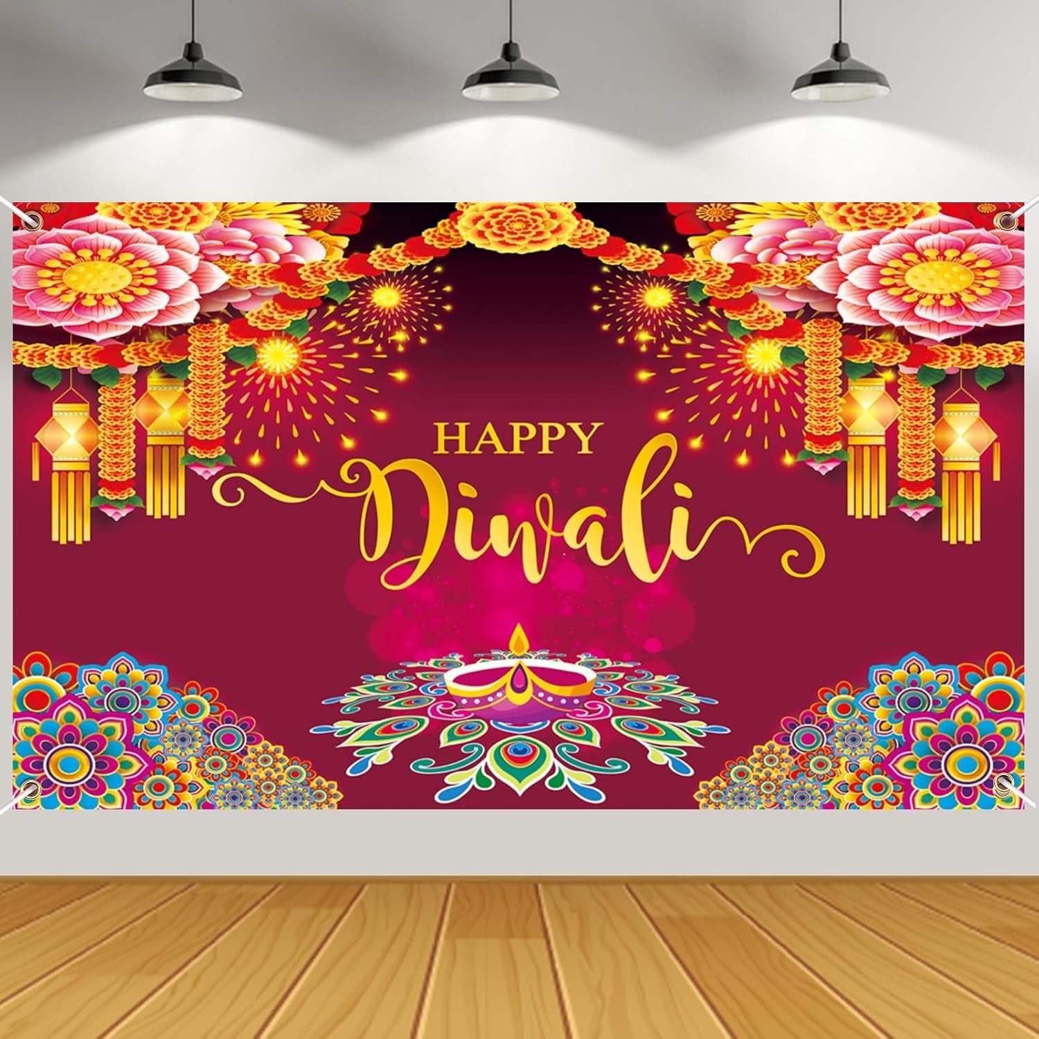 Happy Diwali Backdrop Banner Decorations, 59X35.5 Inch Indian Diwali Backdrop Decorations for Home Wall Hanging,Diwali Photo Booth Props Background Banner Diyas Decor Supplies