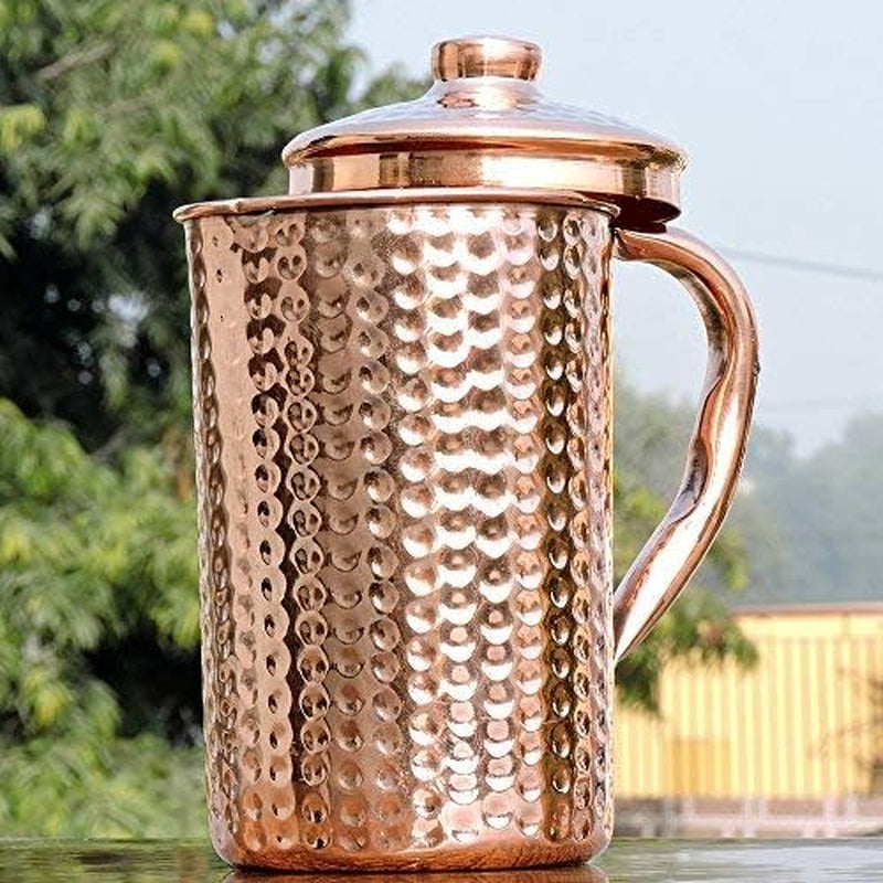 Copper Pitcher with Lid 100% Pure Copper Hammered Water Pitcher 50.7 Oz (1.5 Liter) for Drinking Water, Traditional Copper Pitcher for Home & Kitchen