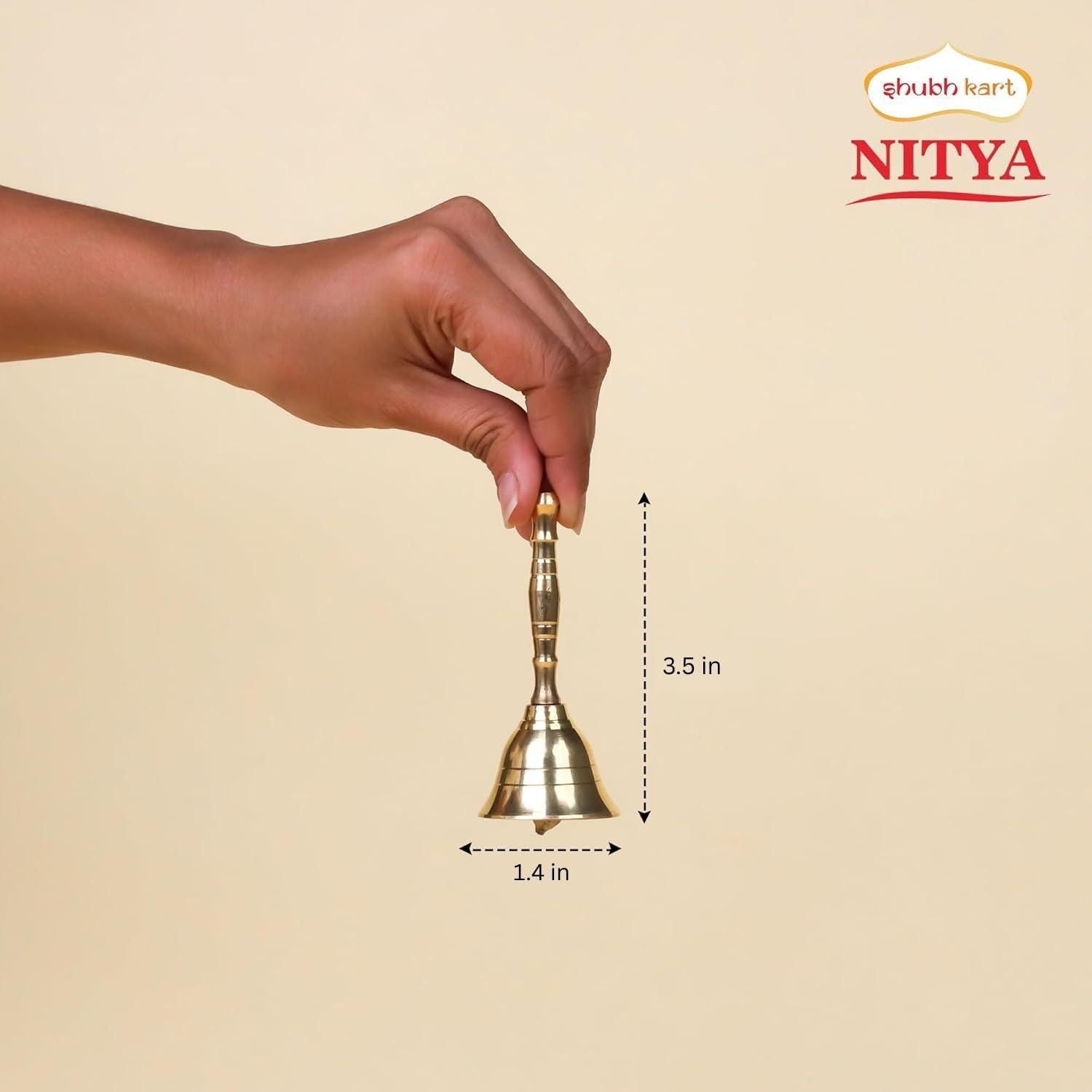 Solid Brass Puja Ghanti, 3.5 Inch Hand Held Temple Bell for Home, Events, Decoration, Food Line, Alarm and Service, Small