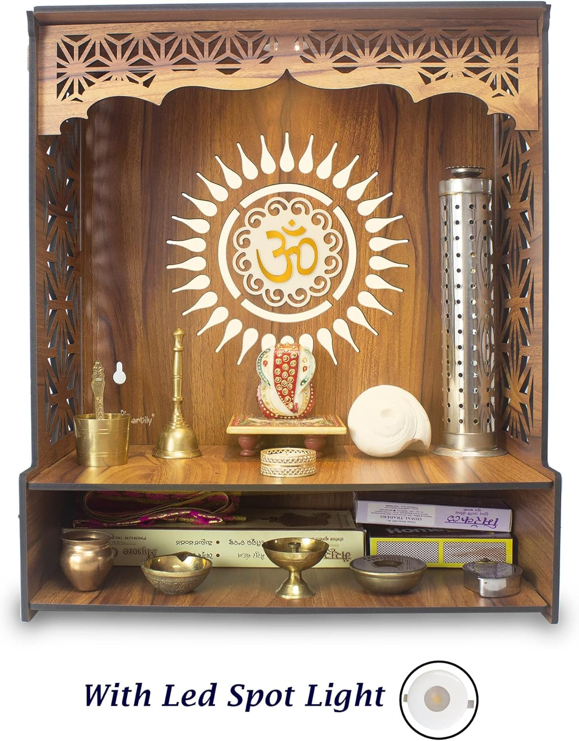 ® Shree Beautiful Wooden Pooja Stand for Home Mandir for Home Temple for Home and Office Puja Mandir for Home and Office Wall with LED Spot Light Product (H- 18, L- 16, W-8.75 Inch)