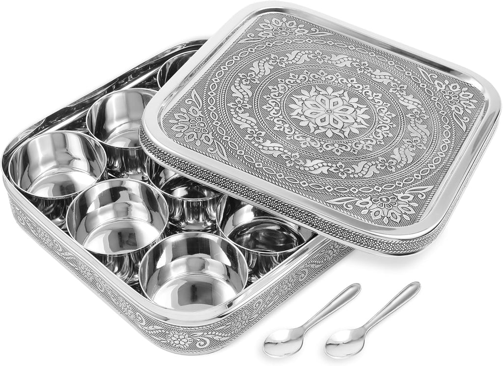 Premium Designer Masala Dabba with 9 Compartments & 2 Spoons, Antique Style Stainless Steel Spice & Dry Fruit Box Organizer Container with Gift Box for Kitchen, Festivals & Gifting
