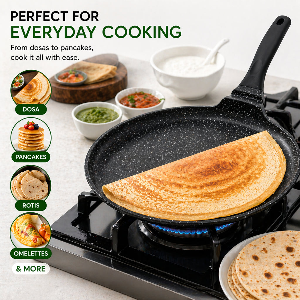 TFS Die Cast Tawa Non Stick – Induction Compatible Flat Dosa Pan, Granite Stone
