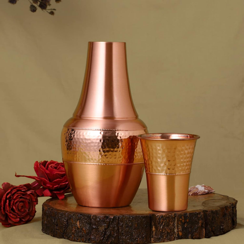 Pure Copper Bedside Water Carafe with Tumbler, for Ayurveda Health Benefits - Capacity - 1.4 Lt. (47.3 US Fluid Ounce)
