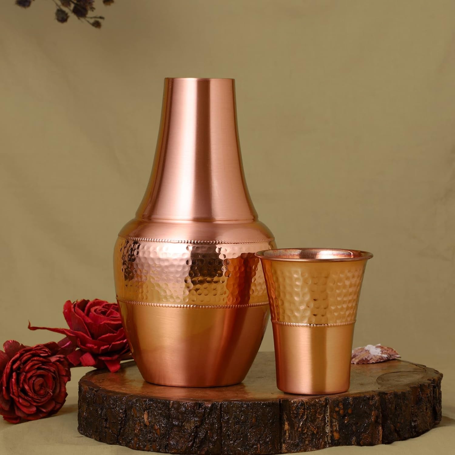 Pure Copper Bedside Water Carafe with Tumbler, for Ayurveda Health Benefits - Capacity - 1.4 Lt. (47.3 US Fluid Ounce)
