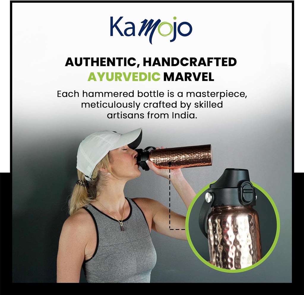 Pure Copper Water Bottle for Drinking Water – 100% Hammered Tumbler with Flip-Top Push Button Lid, Copper Straw & Insulating Sleeve – Handcrafted Ayurvedic Cup 32 Oz