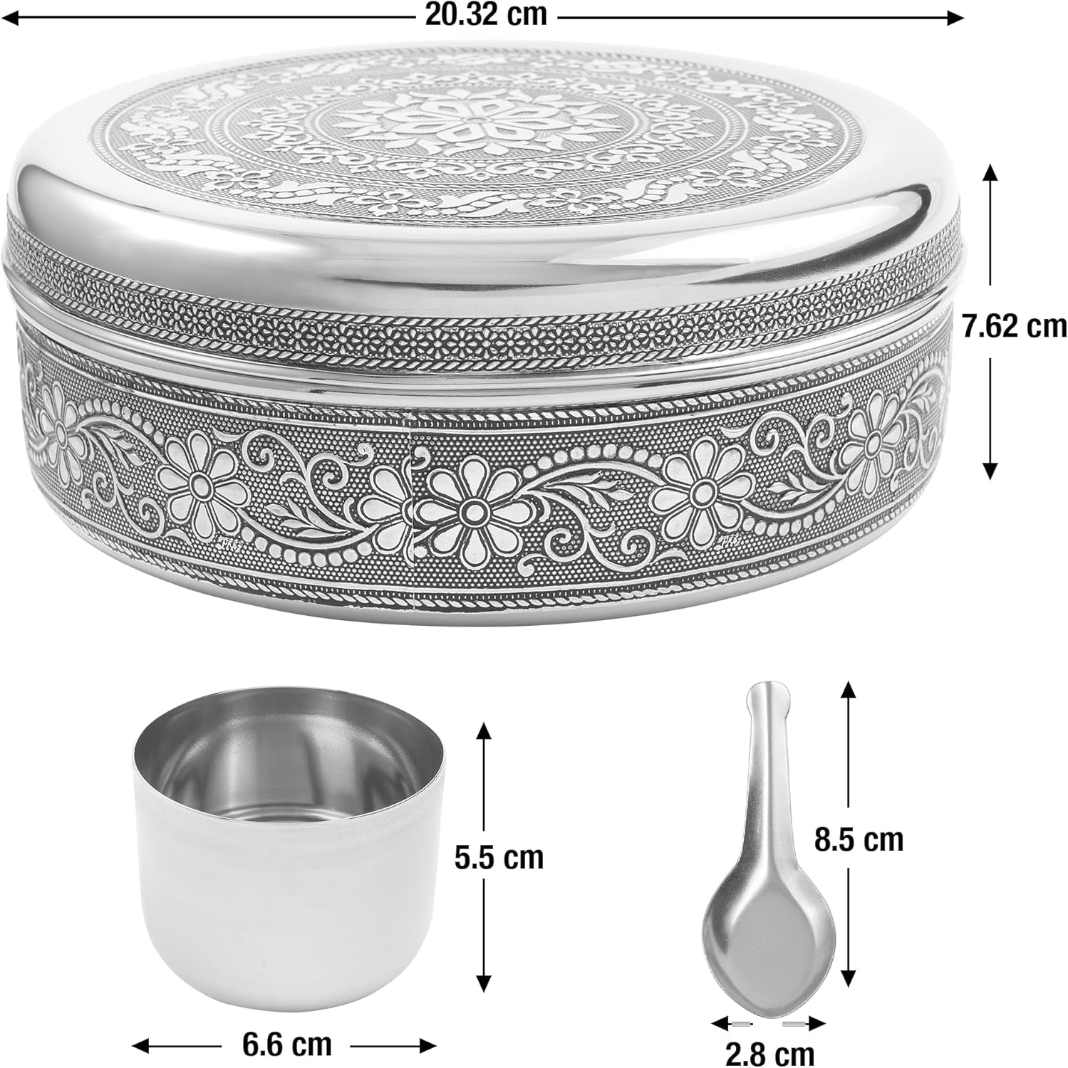Designer Spice Container Masala Dabba, 7 Spice Jars, Holds 7 Spices, Spice Container Box, Polished Stainless Steel with 7 Serving Spoons, Indian Masala Dabba with Lid, 8 Inch