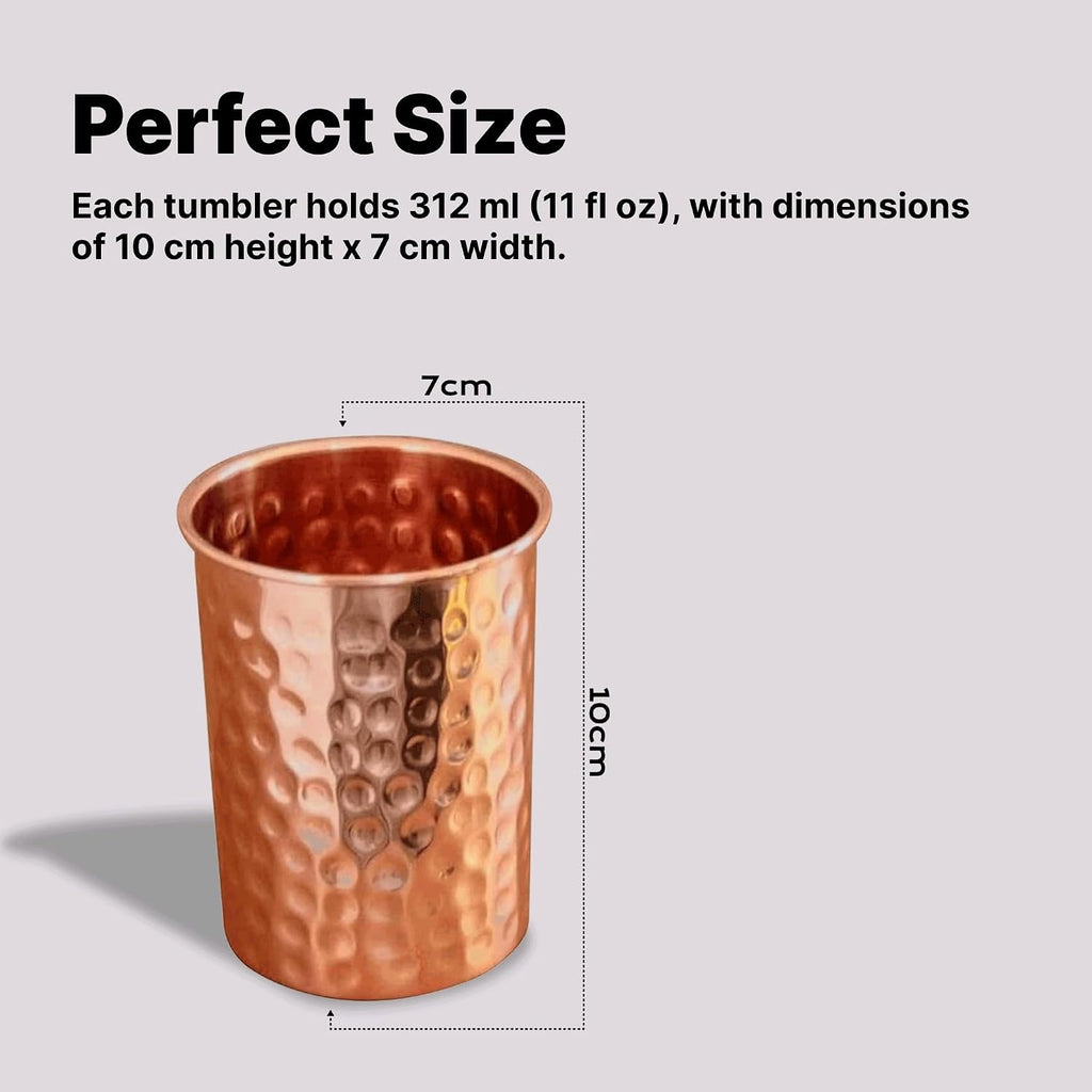 Pure Copper Tumblers for Drinking – Set of 4 Ayurvedic Copper Cups – 312 Ml (11 Fl Oz) Each – Hammered Finish – Handmade Water Glasses for Daily Health Benefits
