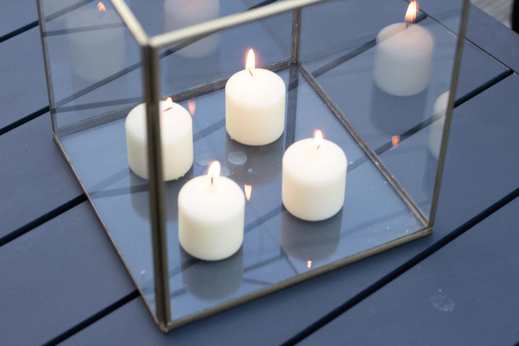 Lantern-Style Glass and Iron Candle Holders for Indoor and Outdoor | Recycled Brass with Golden Finish | Available in 3 Sizes or as a Set