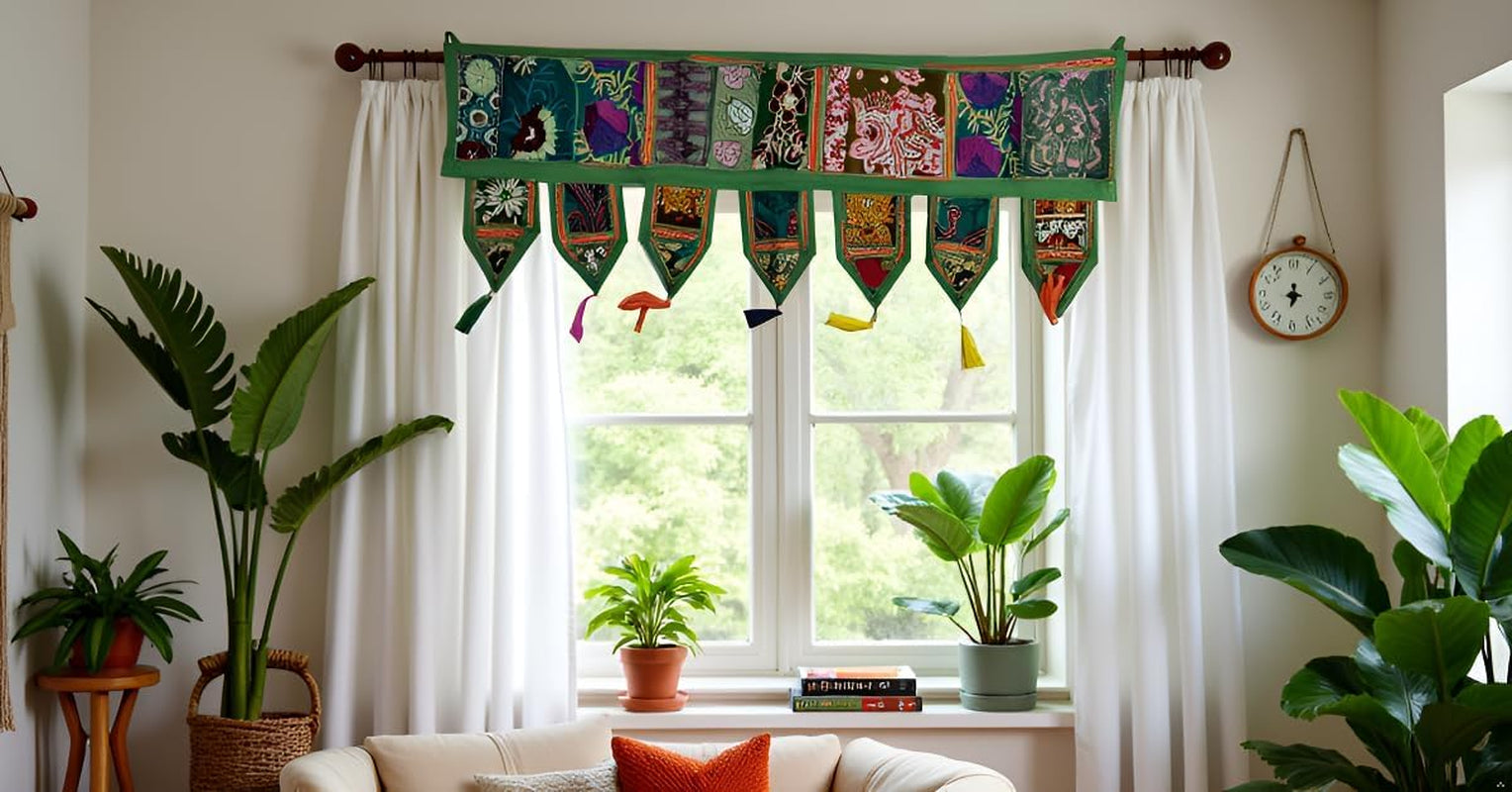 ICC Valances for Windows Toran Cotton Vintage Patchwork Door Hanging Valance Window Hand Embroidered Bohemian Decor Living Room Wall Bedroom Home Handmade Decorations Dark Green 40 Inches