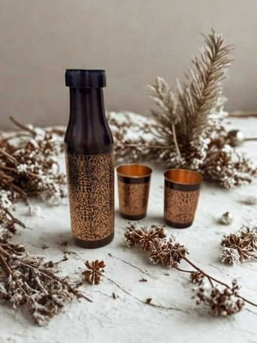 Sampurna | Antique Pure Copper Water Bottle Gift Set (Bottle + 2 Glasses) | Handcrafted Luxury Festive Packaging