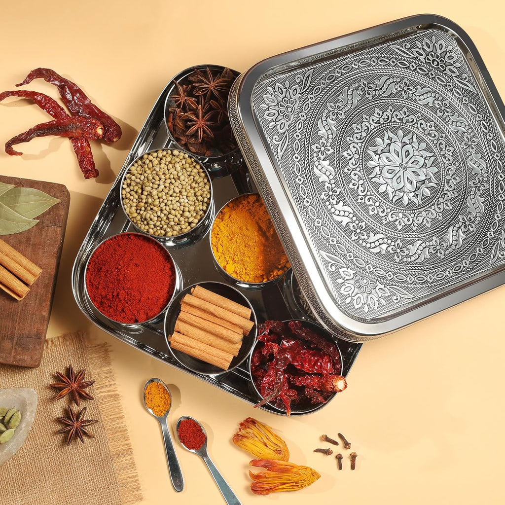 Premium Designer Masala Dabba with 9 Compartments & 2 Spoons, Antique Style Stainless Steel Spice & Dry Fruit Box Organizer Container with Gift Box for Kitchen, Festivals & Gifting