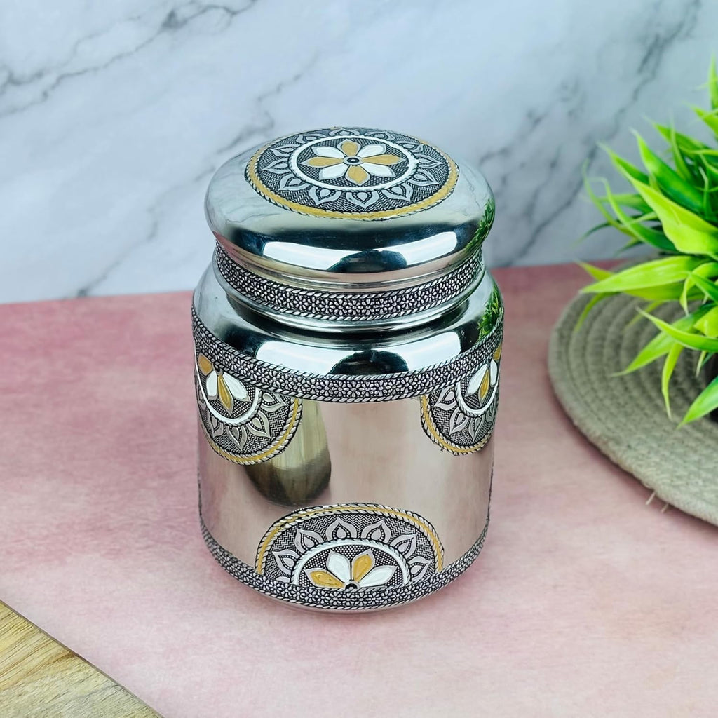 Stainless Steel Storage Jar with Lid | Oxidized Meenakari Design Container | Multipurpose Kitchen Jar for Snacks, Dry Fruits, Mukhwas & Spices | Decorative Traditional Steel Storage (1000 Ml)