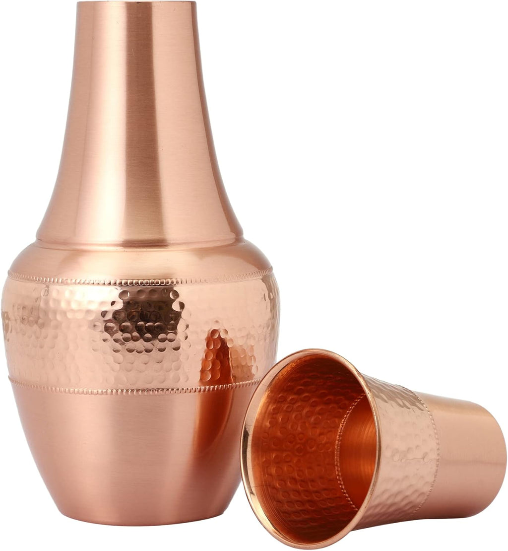 Pure Copper Bedside Water Carafe with Tumbler, for Ayurveda Health Benefits - Capacity - 1.4 Lt. (47.3 US Fluid Ounce)