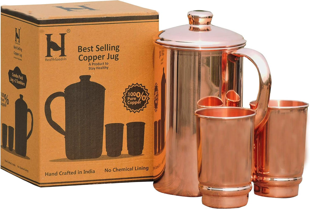 Copper Pitcher 50.72 Oz with 2 Tumblers Set | Pure Copper Water Jug & Tumblers Set for Home & Wellness, Plain Finish Handcrafted for Daily Hydration & Natural Living