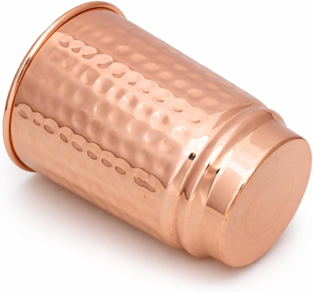 Pure Copper Hammered Drinking Cups - Ayurvedic Health Tumblers – 2 Pcs. Set -LACQUER Free (11.8 US Fl Oz) Traveller'S Copper Cups for Ayurveda Health Benefits (Hammered)