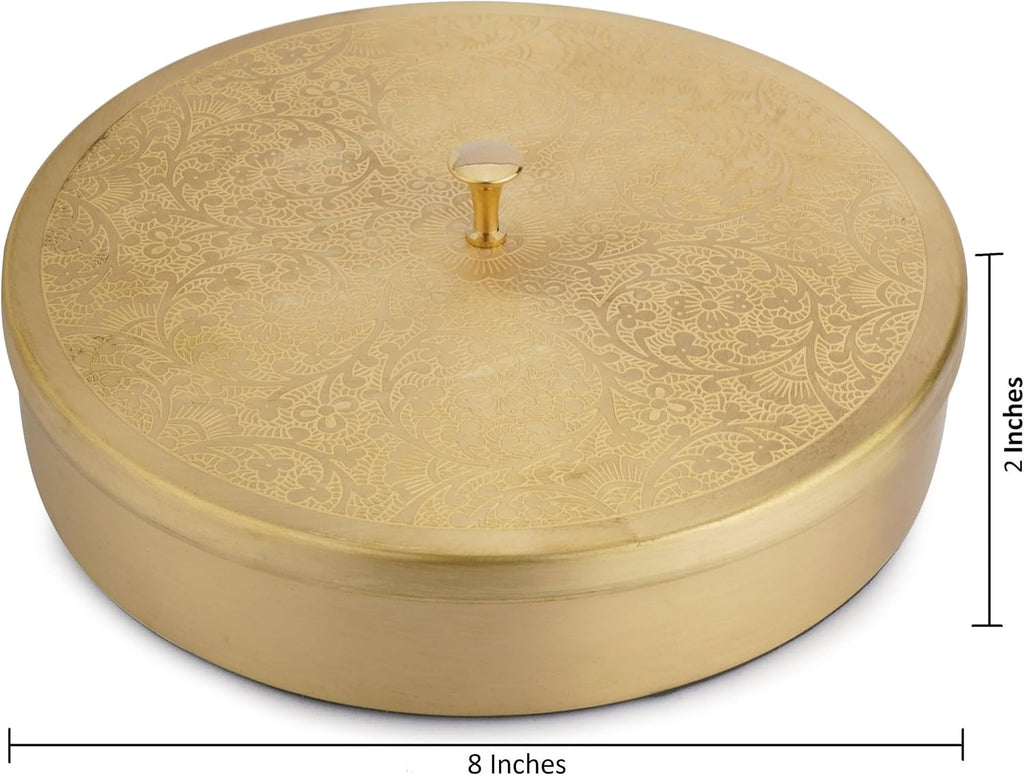 Brass Spice Box round Masala Dabba Set with Golden Embossed Lid, 7 Removable Compartments, Spice Jar Containers & Spoon, Handcrafted Decorative Indian Kitchen Storage Organizer Gift