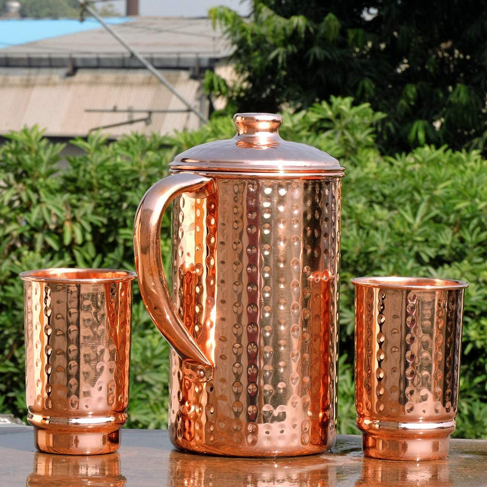 Copper Pitcher with 2 Copper Cups Set | Pure Copper Water Jug & Matching Tumblers Set for Home & Wellness, Hammered Finish Handcrafted for Daily Hydration & Natural Living
