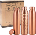 , Copper Water Bottle 1L - Gift Box of 3, Plain 2, Hammered 1, an Ayurvedic Vessel Made of Pure Copper - Helps You Drink More Water with Many Health Benefits