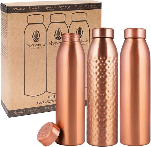 , Copper Water Bottle 1L - Gift Box of 3, Plain 2, Hammered 1, an Ayurvedic Vessel Made of Pure Copper - Helps You Drink More Water with Many Health Benefits
