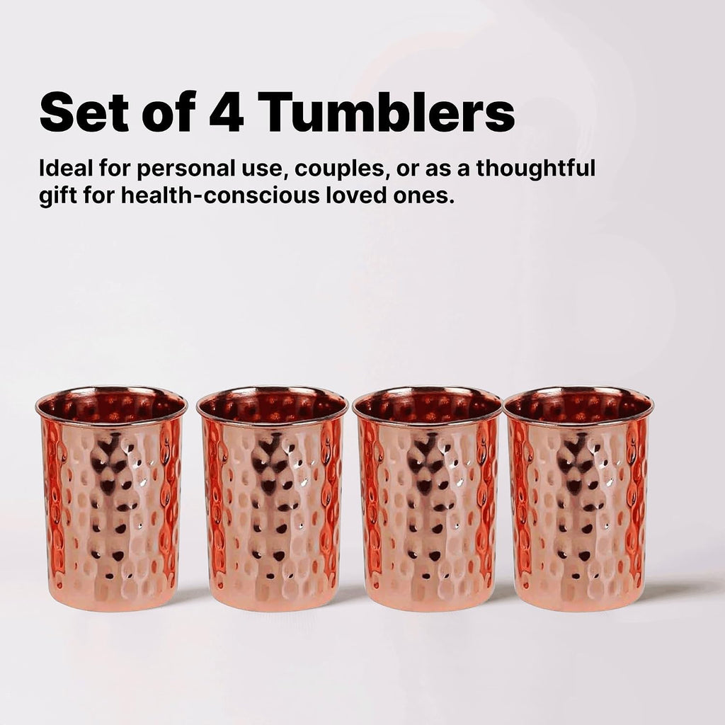 Pure Copper Tumblers for Drinking – Set of 4 Ayurvedic Copper Cups – 312 Ml (11 Fl Oz) Each – Hammered Finish – Handmade Water Glasses for Daily Health Benefits