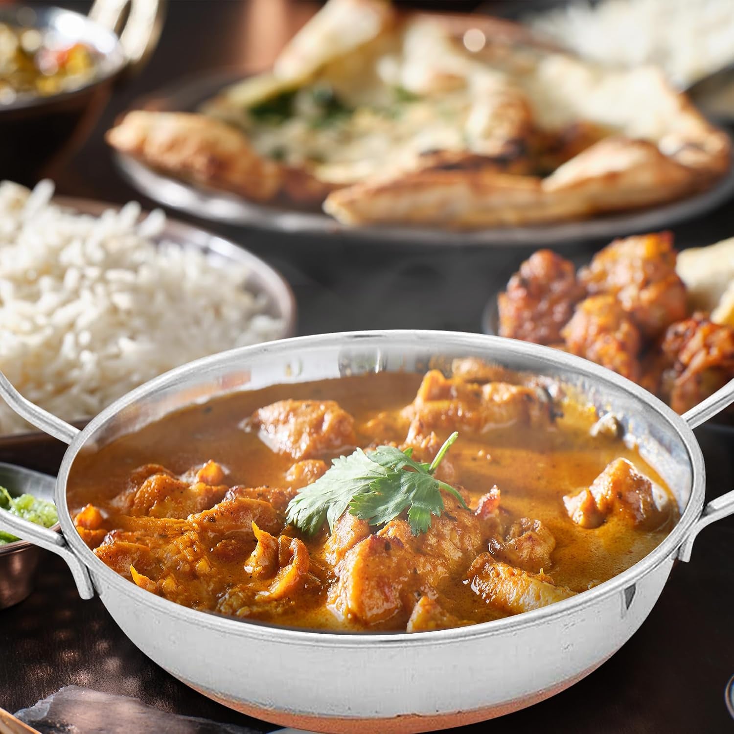 15Cm Balti Dish - Karahi, Metal Curry Serving Plate, Stainless Steel, Copper Base | Traditional Serving Dish | Suitable for Home, Kitchen & Restaraunts, Serving Karahi, Indian Curry (1)
