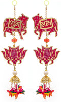 Set of 2 Shubh Labh Wall Hanging with Lotus and Cow Motifs Décor Decorative Pooja Door Hanging for Home Temple Festial Diwali and Gifting (Cow)