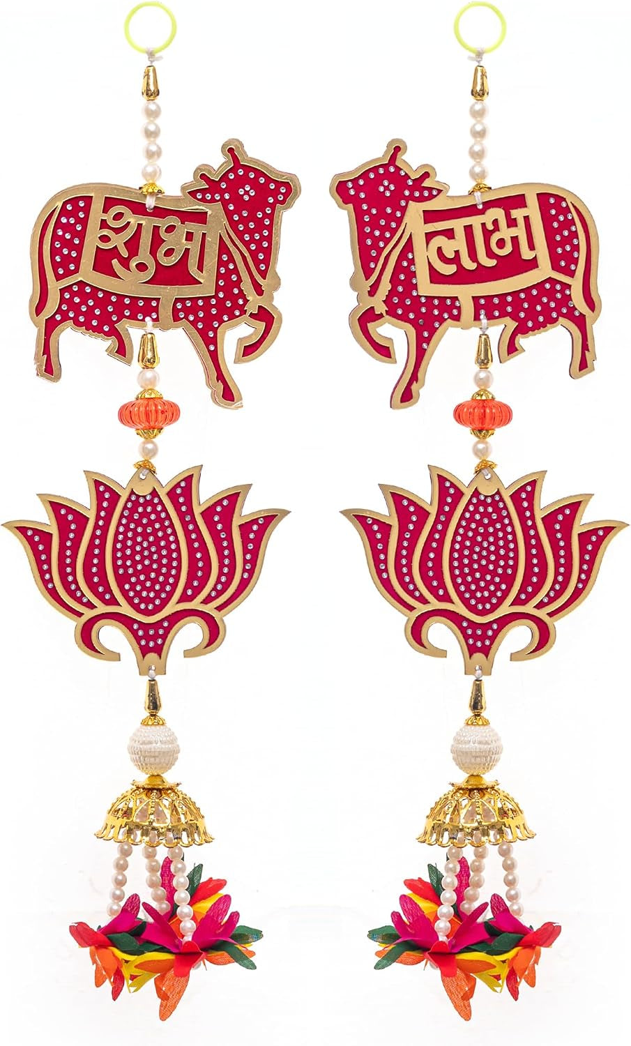 Set of 2 Shubh Labh Wall Hanging with Lotus and Cow Motifs Décor Decorative Pooja Door Hanging for Home Temple Festial Diwali and Gifting (Cow)