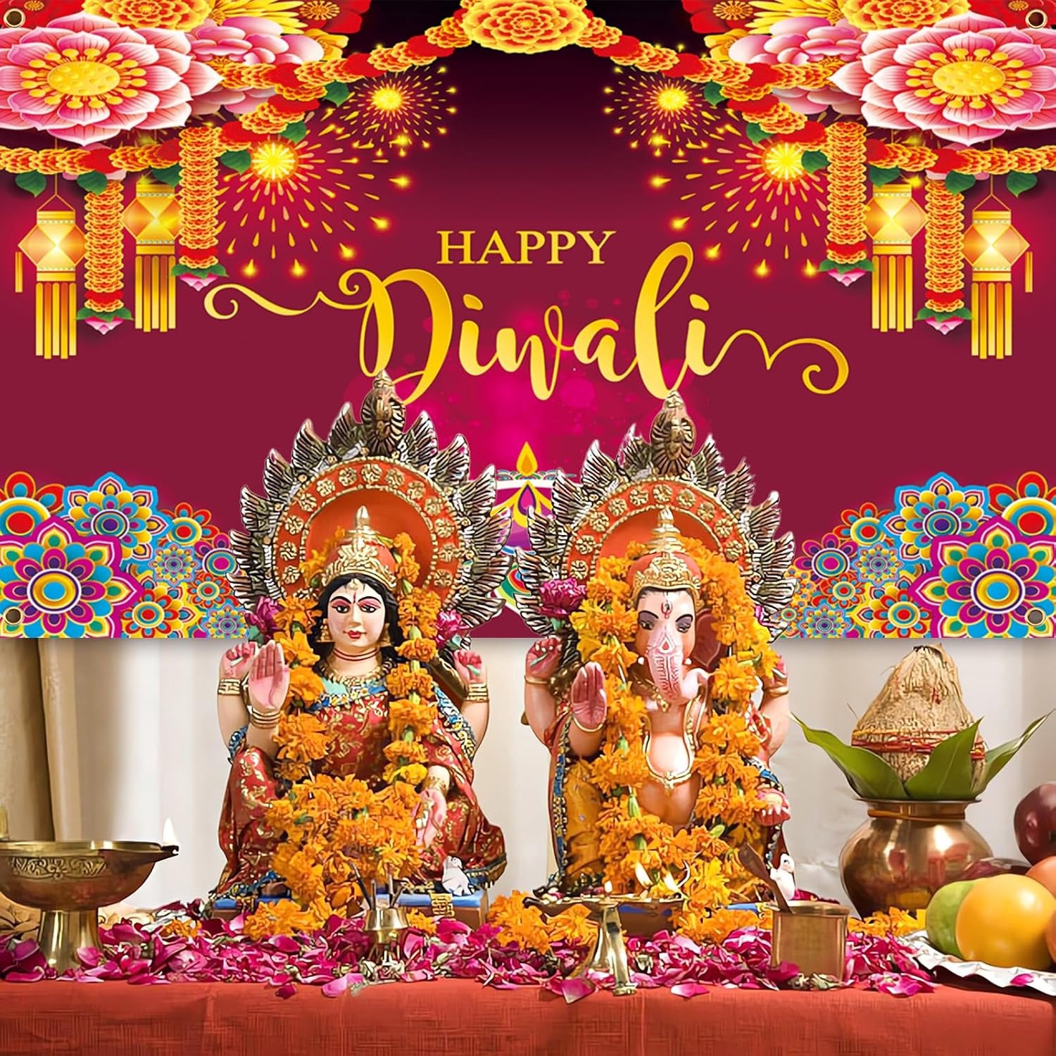 Happy Diwali Backdrop Banner Decorations, 59X35.5 Inch Indian Diwali Backdrop Decorations for Home Wall Hanging,Diwali Photo Booth Props Background Banner Diyas Decor Supplies