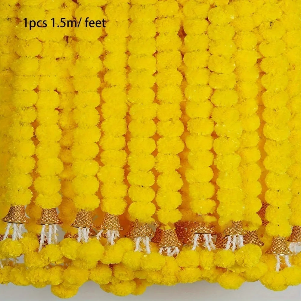 Long Strands Artificial Marigold Garland 1.5M Pooja Diwali Fiesta Pooja Marigold Flowers Indian Décor Events Decor