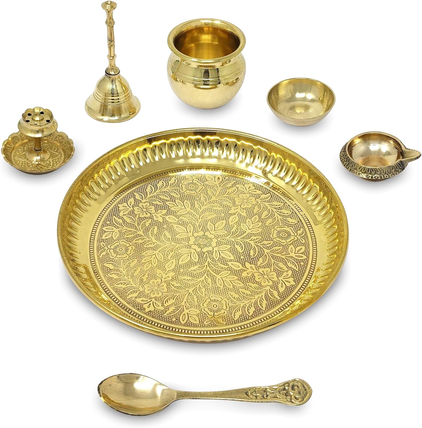 Brass Pooja Thali Set with Grey Gift Box 6 Inch Pital Plate Kalash Spoon Chandan Wati Dhup Dan Kuber Diya Ghanti Puja Arti Thali for Diwali Home Office Mandir Wedding Return Gifts
