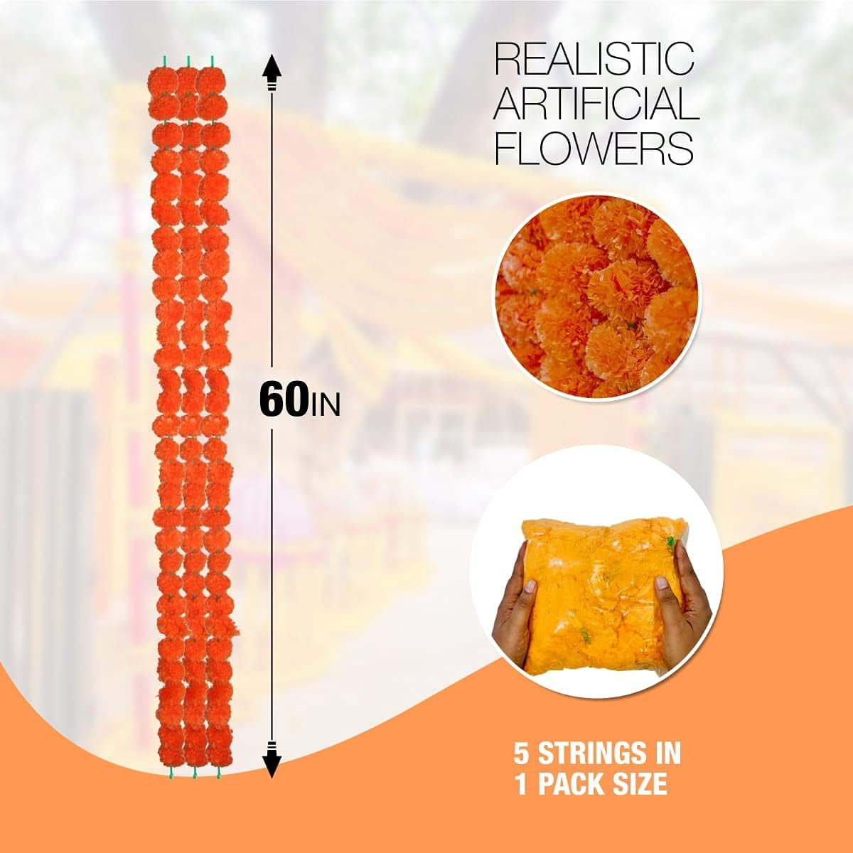 5 PC - 5 Feet Marigold Garland |Indian/American Wedding Party Mantle Decoration, Faux Garlands Wedding Garland, Diwali Decoration, Spring Bush Floral!
