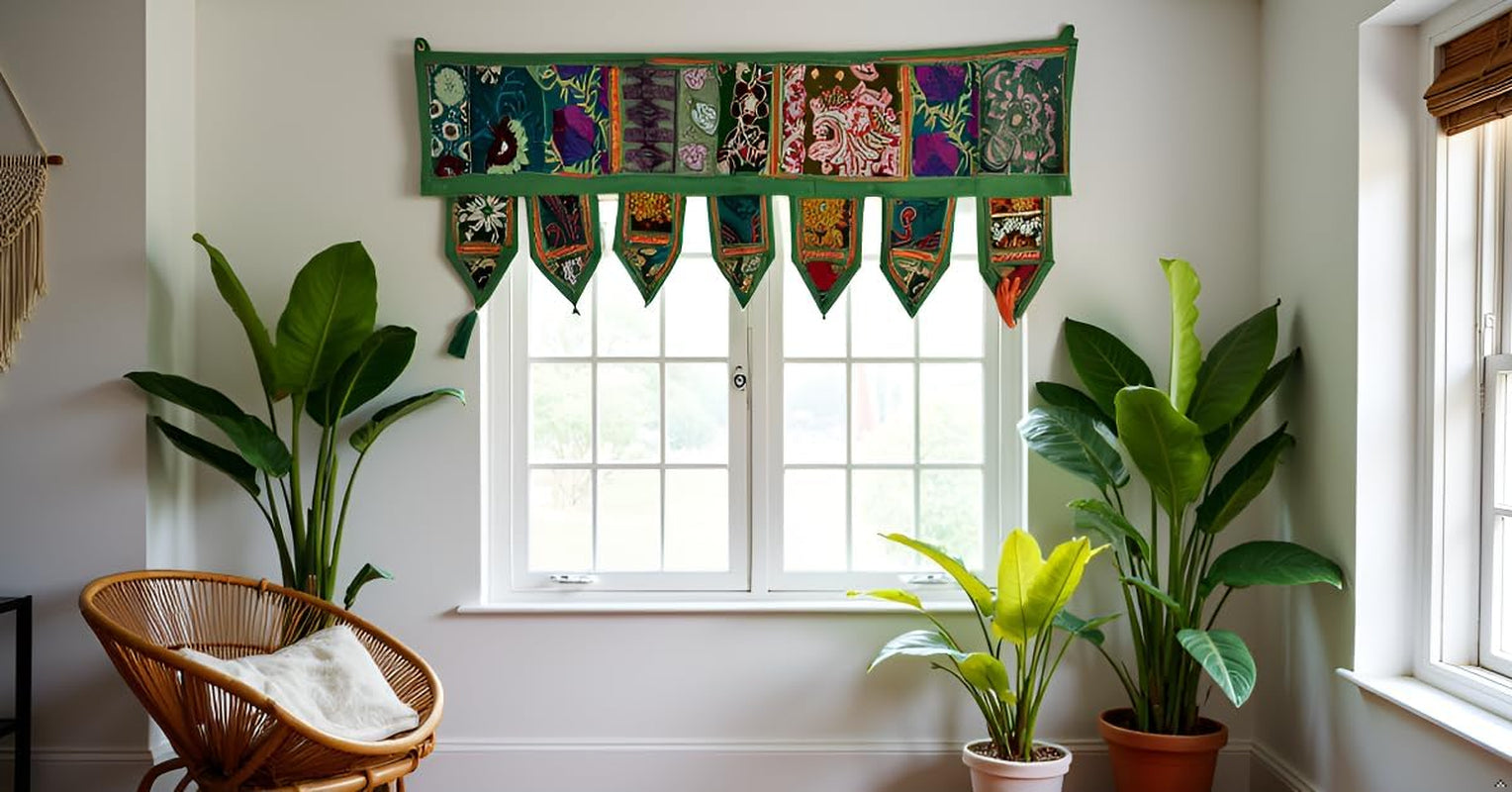 ICC Valances for Windows Toran Cotton Vintage Patchwork Door Hanging Valance Window Hand Embroidered Bohemian Decor Living Room Wall Bedroom Home Handmade Decorations Dark Green 40 Inches