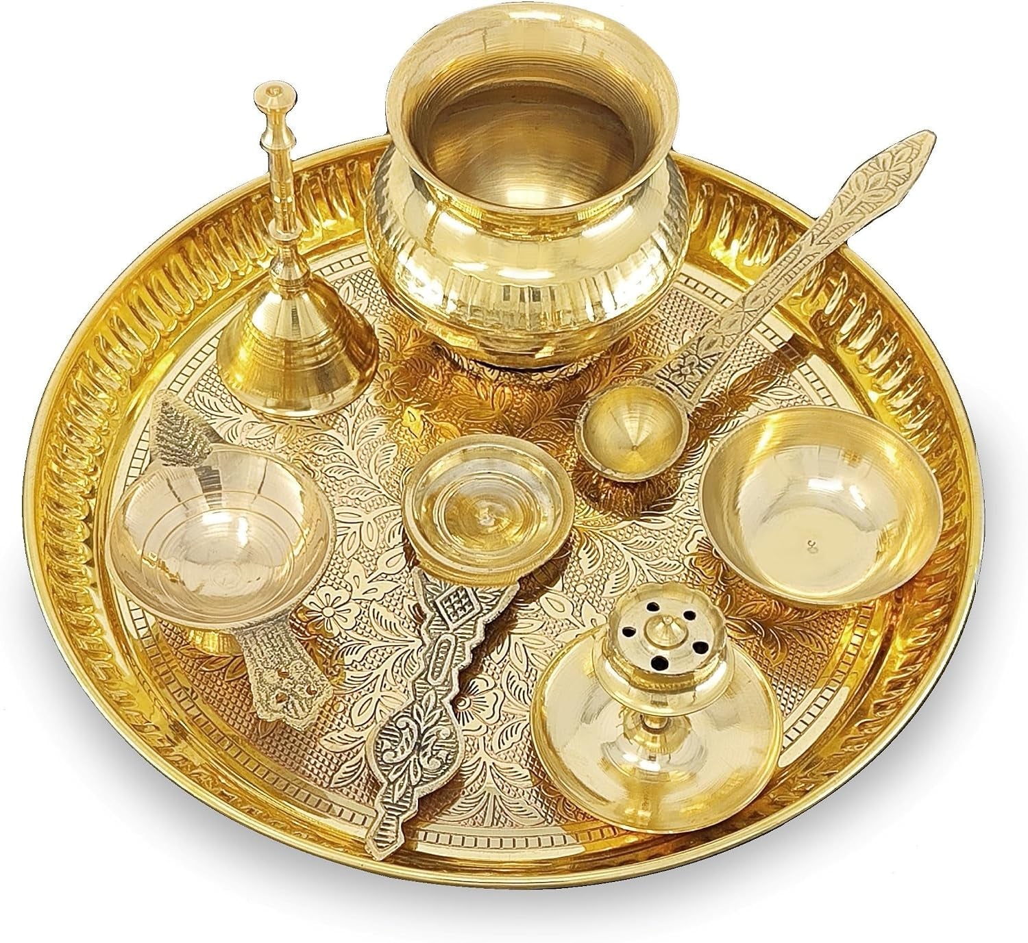 Brass Pooja Thali Set 8 Inch Puja Thali with Pital Plate Kalash Palli Chandan Wati Agarbatti Stand Kappur Arti Diya for Diwali Home Office Mandir Wedding Return Gift Items