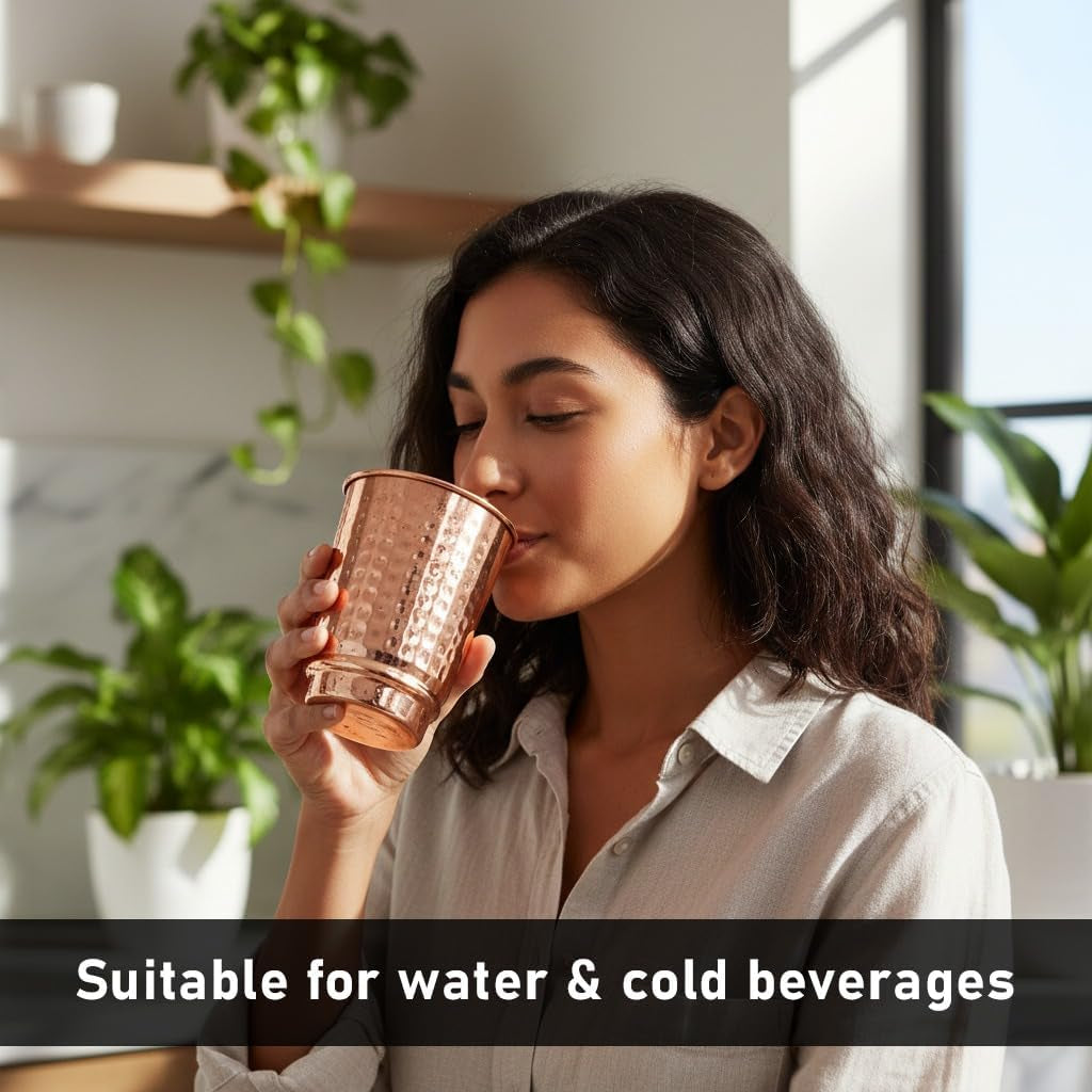 Pure Copper Hammered Drinking Cups - Ayurvedic Health Tumblers – 2 Pcs. Set -LACQUER Free (11.8 US Fl Oz) Traveller'S Copper Cups for Ayurveda Health Benefits (Hammered)