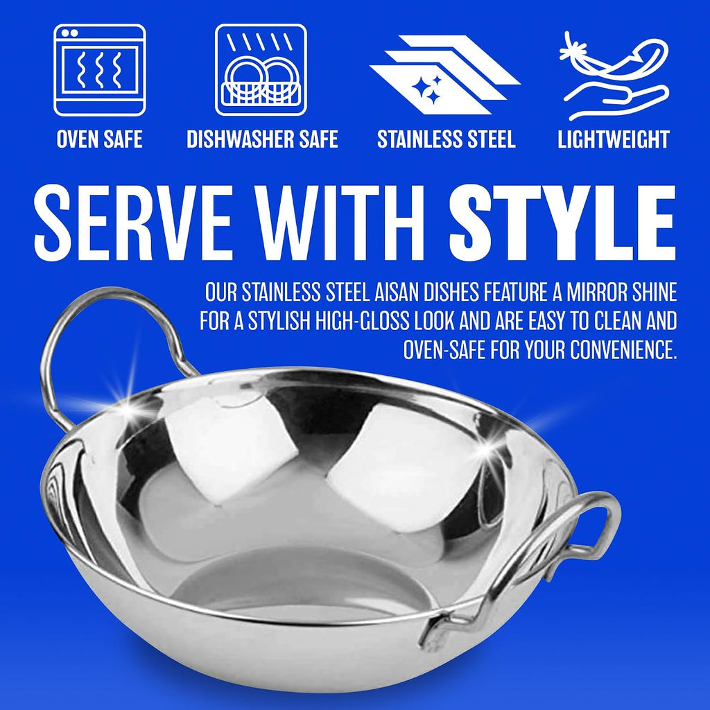 Set of 5 Balti Dishes - 15Cm Karahi Metal Curry Serving Deep Dishes Stainless Steel Indian | Set of 5 | Home Kitchen Restaraunt Catering | Eating Serving | Mirror Finish
