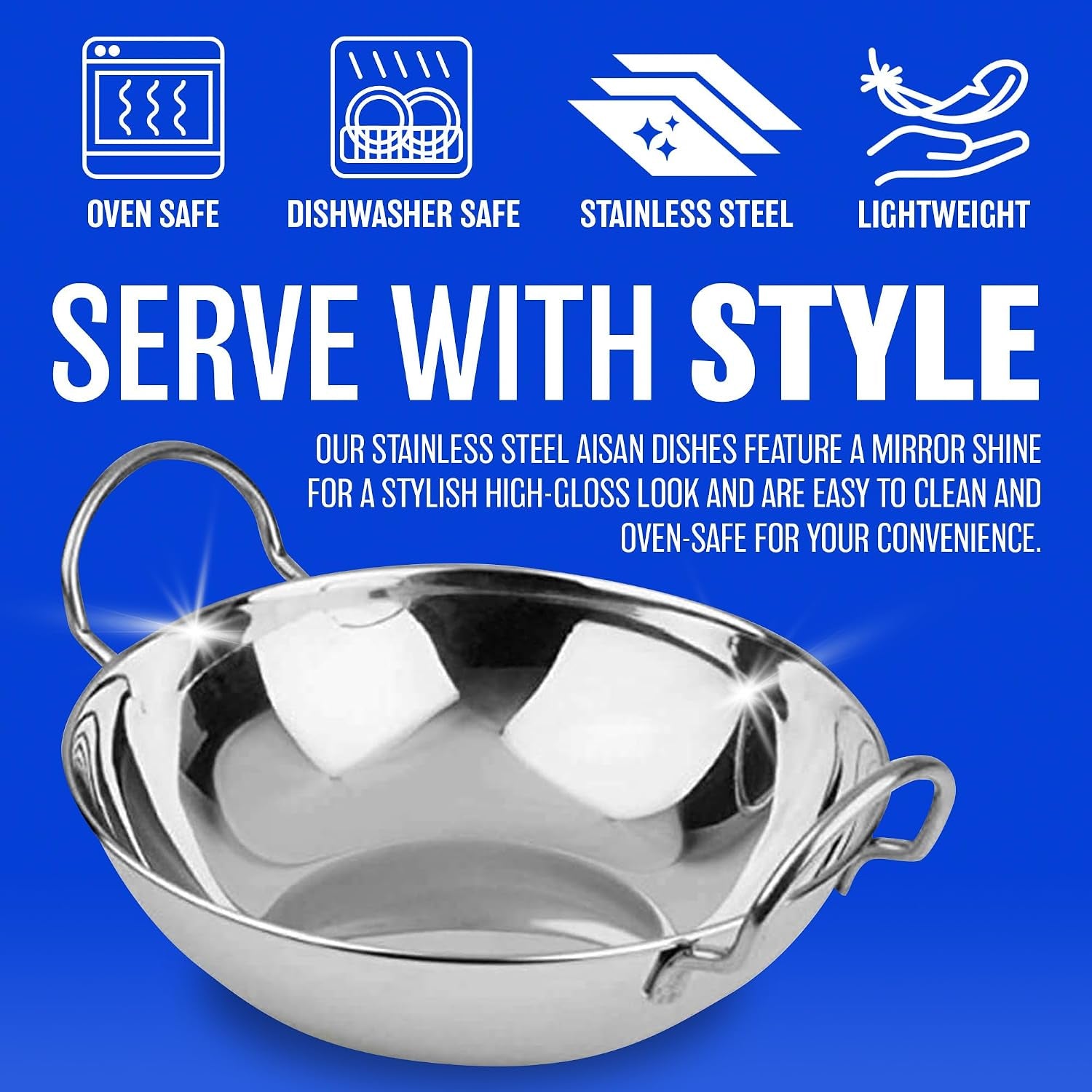 Set of 5 Balti Dishes - 15Cm Karahi Metal Curry Serving Deep Dishes Stainless Steel Indian | Set of 5 | Home Kitchen Restaraunt Catering | Eating Serving | Mirror Finish