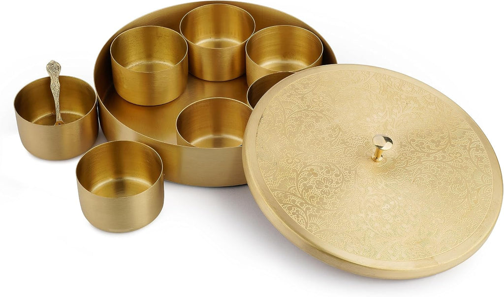 Brass Spice Box round Masala Dabba Set with Golden Embossed Lid, 7 Removable Compartments, Spice Jar Containers & Spoon, Handcrafted Decorative Indian Kitchen Storage Organizer Gift