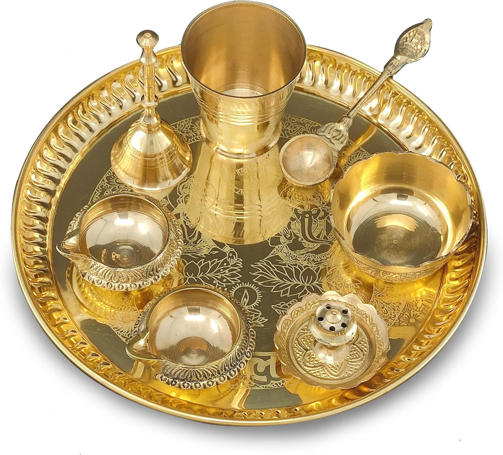 Brass Pooja Thali Set 8 Inch with Pital Plate Glass Nag Archmini Spoon Ghanti Kuber Diya Dhup Dan Bowl Puja Thali for Diwali Home Mandir Office Wedding Return Gift Items