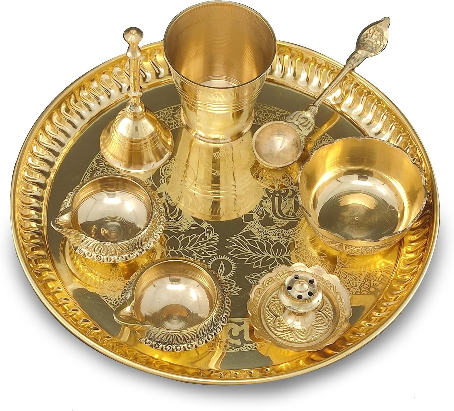 Brass Pooja Thali Set 8 Inch with Pital Plate Glass Nag Archmini Spoon Ghanti Kuber Diya Dhup Dan Bowl Puja Thali for Diwali Home Mandir Office Wedding Return Gift Items
