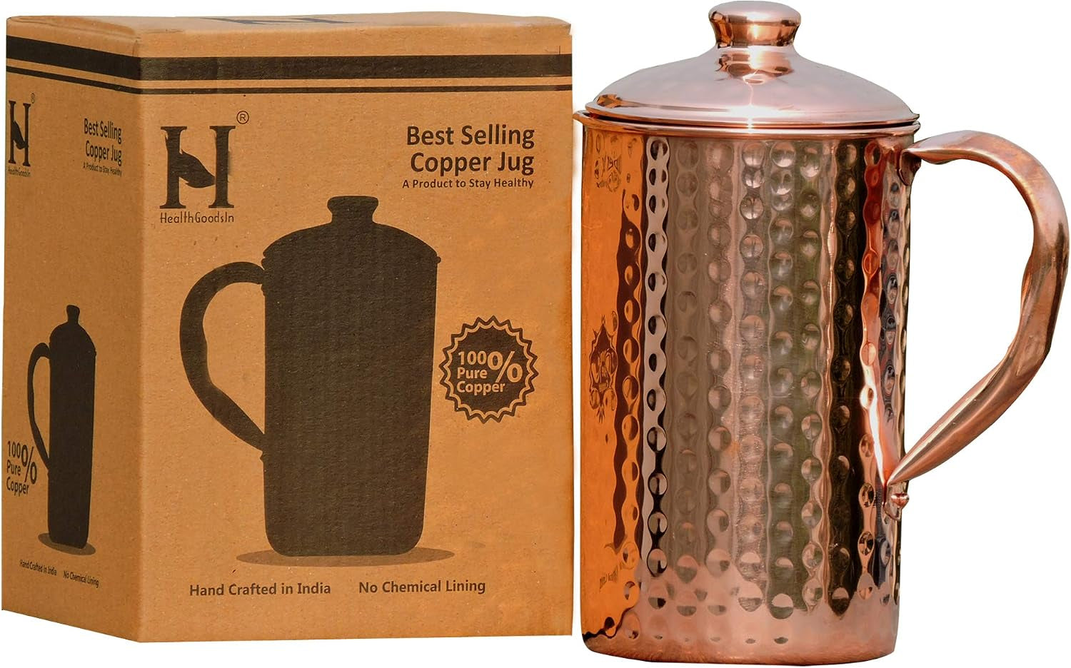 Copper Pitcher with Lid 100% Pure Copper Hammered Water Pitcher 50.7 Oz (1.5 Liter) for Drinking Water, Traditional Copper Pitcher for Home & Kitchen