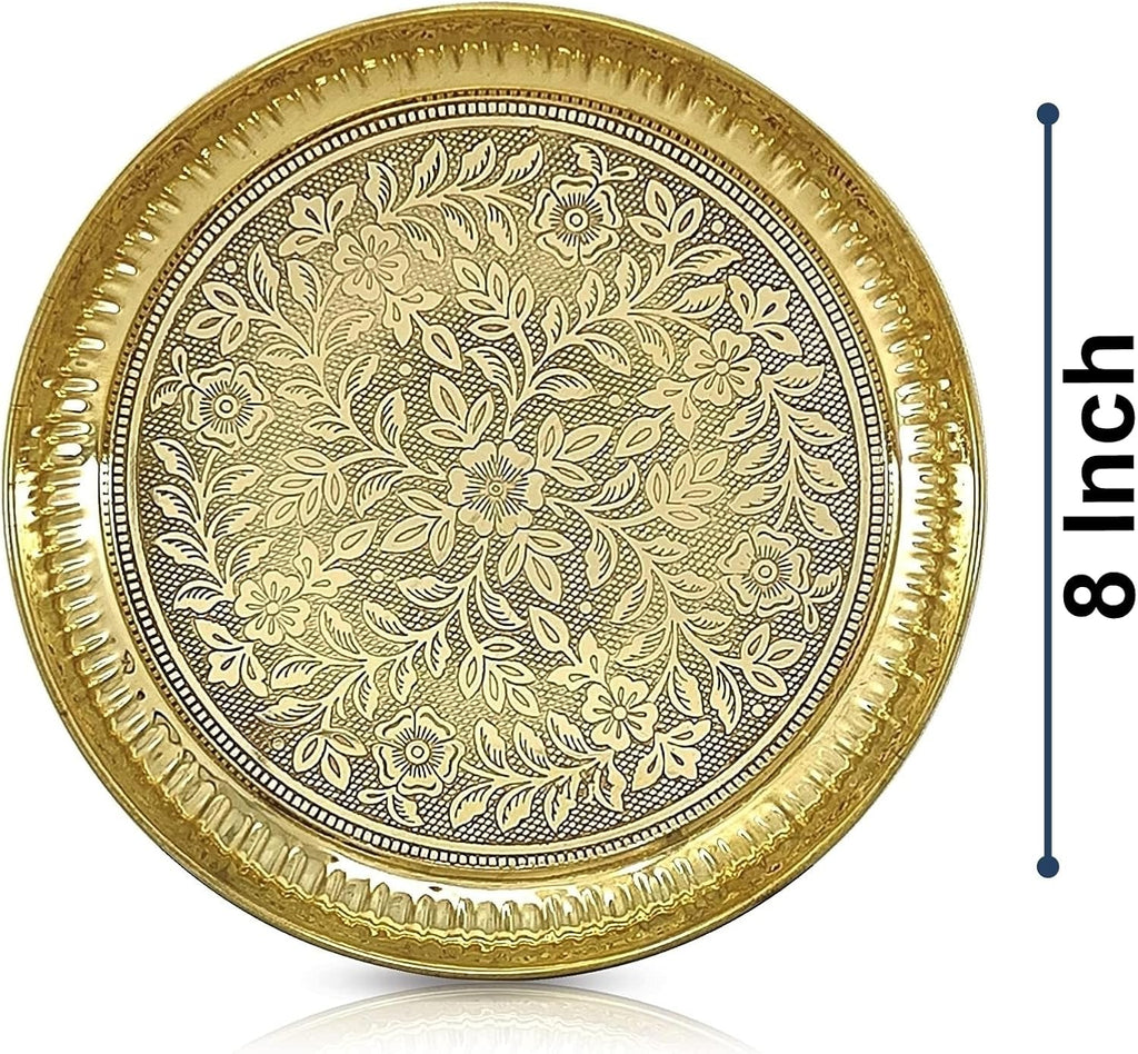 Brass Pooja Thali Set 8 Inch Puja Thali with Pital Plate Kalash Palli Chandan Wati Agarbatti Stand Kappur Arti Diya for Diwali Home Office Mandir Wedding Return Gift Items