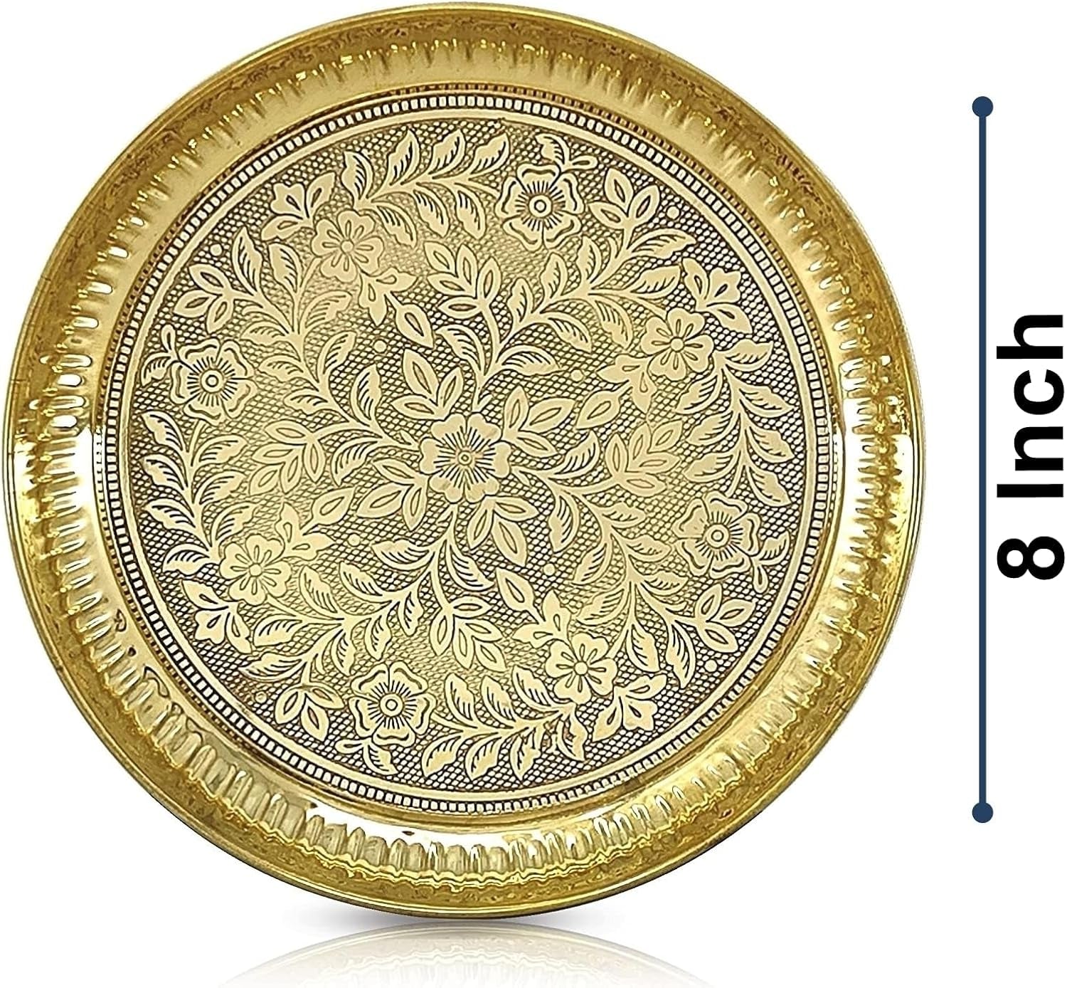 Brass Pooja Thali Set 8 Inch Puja Thali with Pital Plate Kalash Palli Chandan Wati Agarbatti Stand Kappur Arti Diya for Diwali Home Office Mandir Wedding Return Gift Items