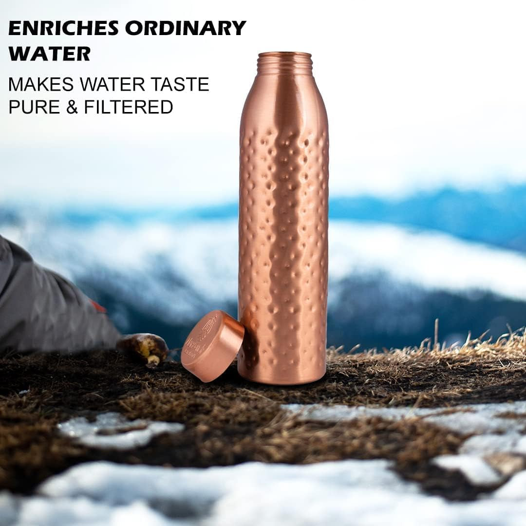 , Copper Water Bottle 1L - Gift Box of 3, Plain 2, Hammered 1, an Ayurvedic Vessel Made of Pure Copper - Helps You Drink More Water with Many Health Benefits